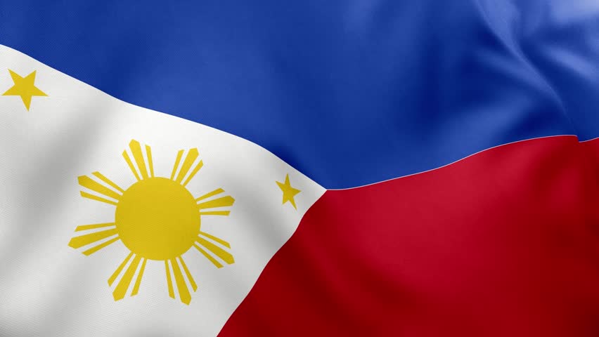 Realistic waving flag of Philippines, blue, red, white triangle, sun, stars. Southeast Asian nation symbol, Manila, patriotism, Philippines