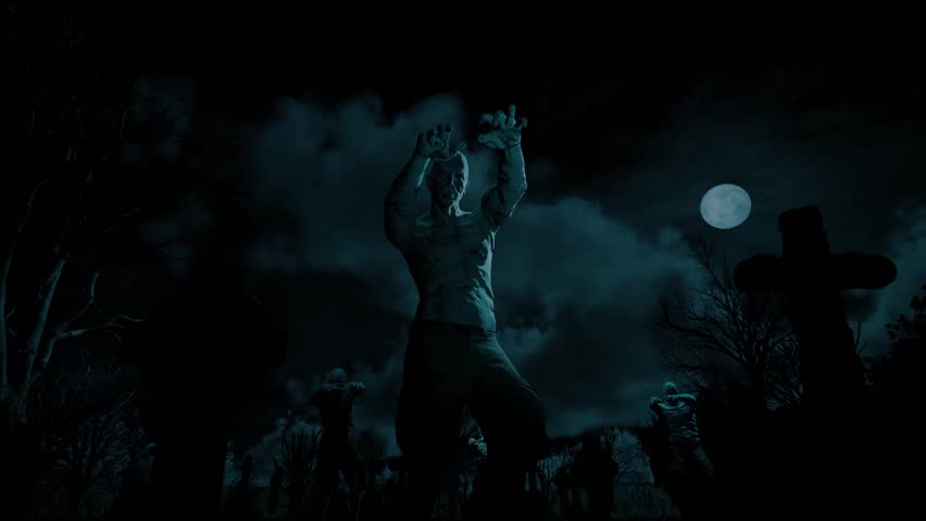 Creepy zombies rise from their graves and slowly walk through an old cemetery against the backdrop of the moon in the clouds. 3D animation for Halloween.