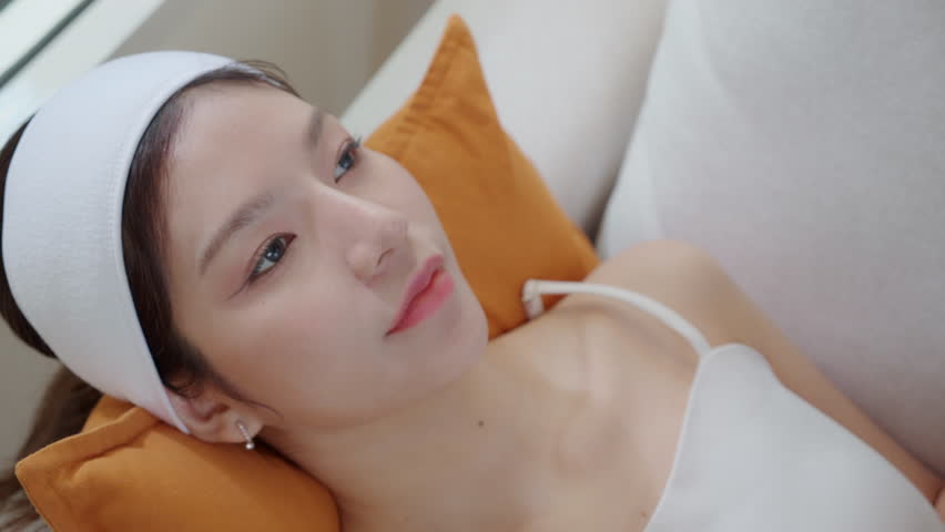 Young asian woman relax on sofa with cucumber slice on eye during skincare at home, wellness and beauty self care, peaceful and cozy, woman care skin and eye with refreshment, lifestyle and wellbeing.