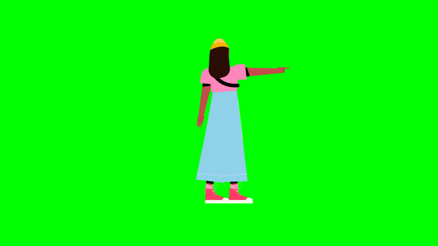 3D animation of female character Cella pointing from a back view on green screen. Perfect for digital content, presentations, tutorials, and creative motion assets.
