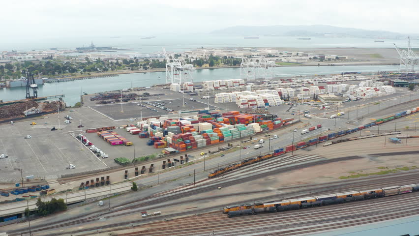 Aerial view of Port of Oakland harbor cargo cranes shipping crates Bay Area 09 - Aerial Drone View