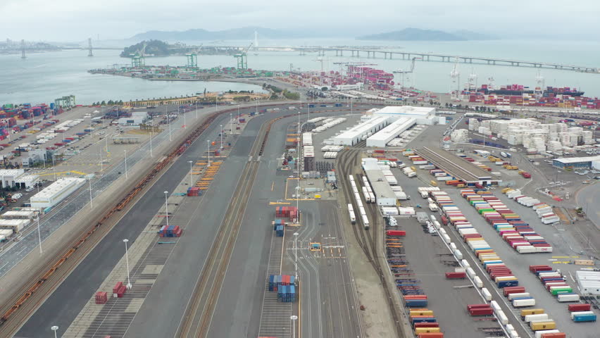 Aerial view of Port of Oakland harbor cargo cranes shipping crates Bay Area 08 - Aerial Drone View