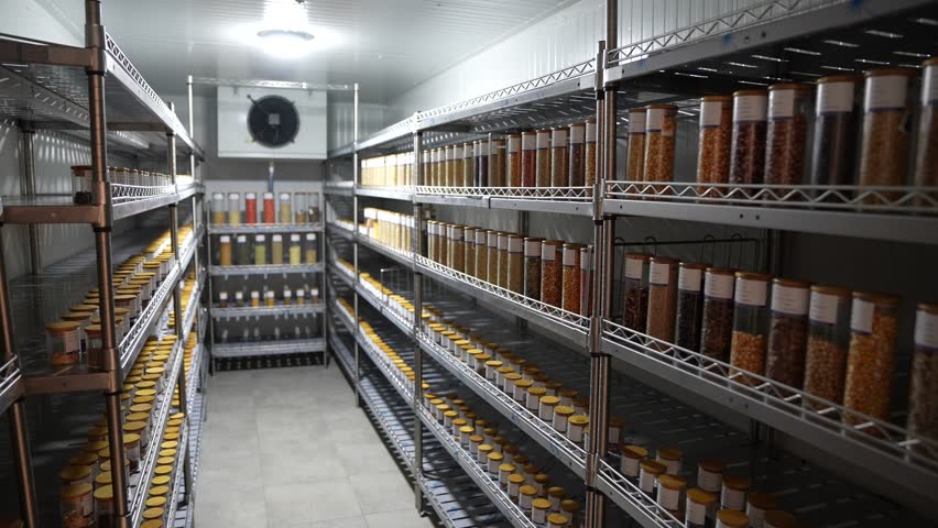 Camera moves forward inside a cold storage seed bank. Glass jars with various seeds are neatly arranged on metal shelves.