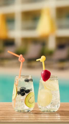 Fruit cocktail in hotel bar, Two cocktail glasses cheers in the hands on sea background. Bartenter making drink in bar, Summer vacation concept, A beautiful couple enjoy the vacation at the beach.