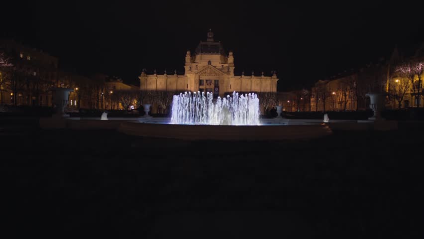 Illuminated night fountain in front of the Zagreb Art Pavilion, Croatia