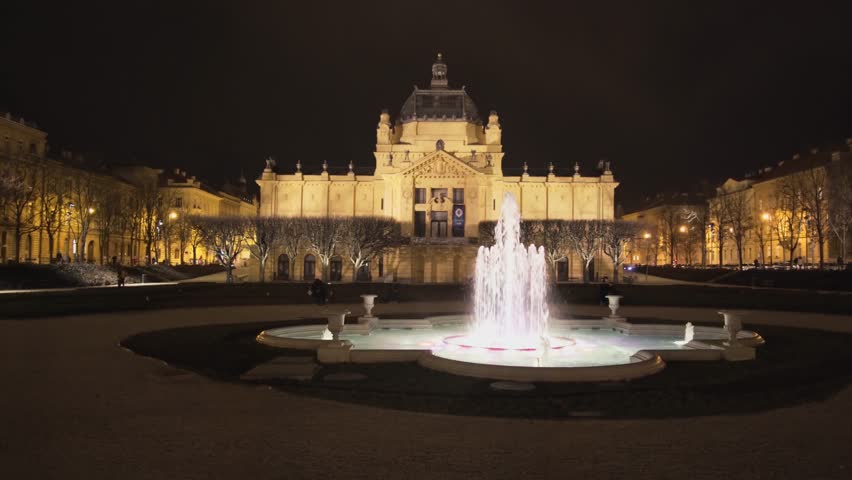 Nighttime fountain view of Art Pavilion in Zagreb, Croatia
