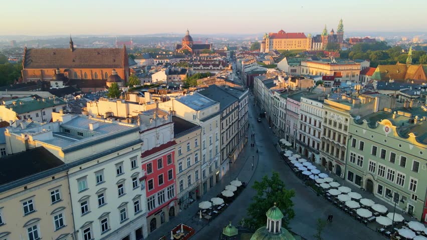 Krakow, aerial view of the city from above with drone in Poland, street, city center