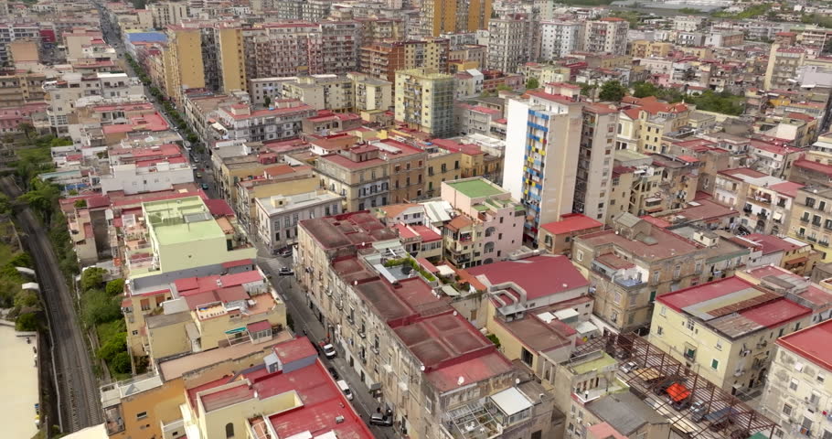 Aerial view of houses and buildings in the historic center of Torre Annunziata. This city is located in the province of Naples, Campania, Italy.