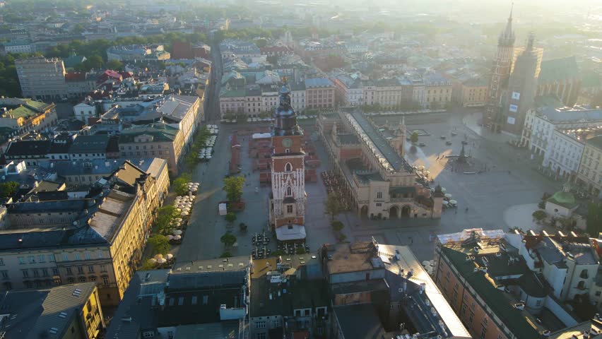 Krakow, aerial view of the city from above with drone in Poland, street, city center