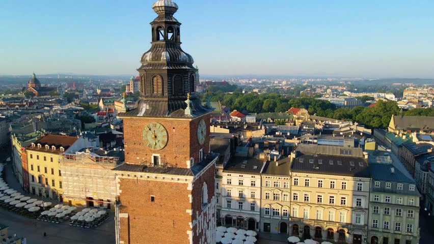 Krakow, aerial view of the city from above with drone in Poland, street, city center