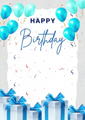 Festive birthday themed frame template with blue balloons and striped gift boxes with blue ribbons surrounding the words "Happy Birthday" written in elegant blue text.