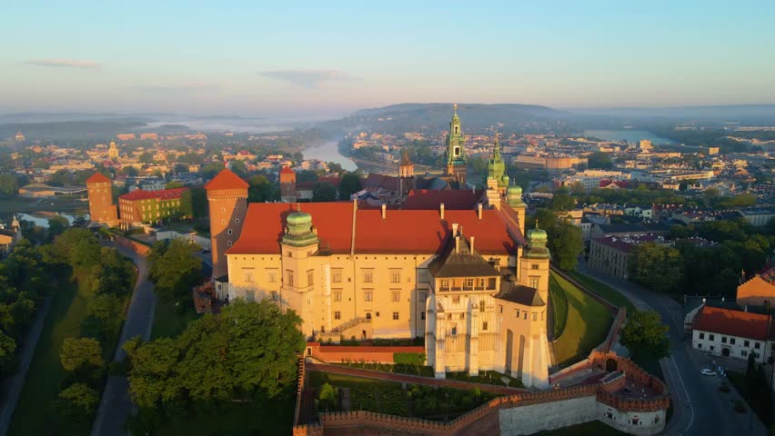 Wawel Castle architectural Krakow Poland drone view landscape city