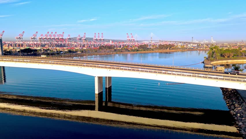 Gorgeous ShoreLine Aquatic Park in Long Beach, CA at dawn with Queensway Bridge in the background