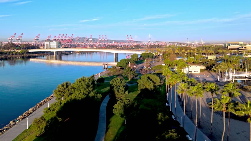 Gorgeous ShoreLine Aquatic Park in Long Beach, CA at dawn with Queensway Bridge in the background