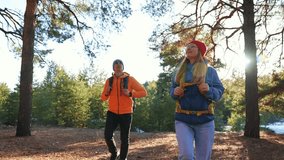 Two people travel through forest on sunny day. Exploring nature and enjoying outdoor lifestyle. Adventurous lifestyle in forest setting. Travel and hiking through wooded area. People embrace outdoor - Powered by Shutterstock - Get 15% off with code: PIKWIZARD15