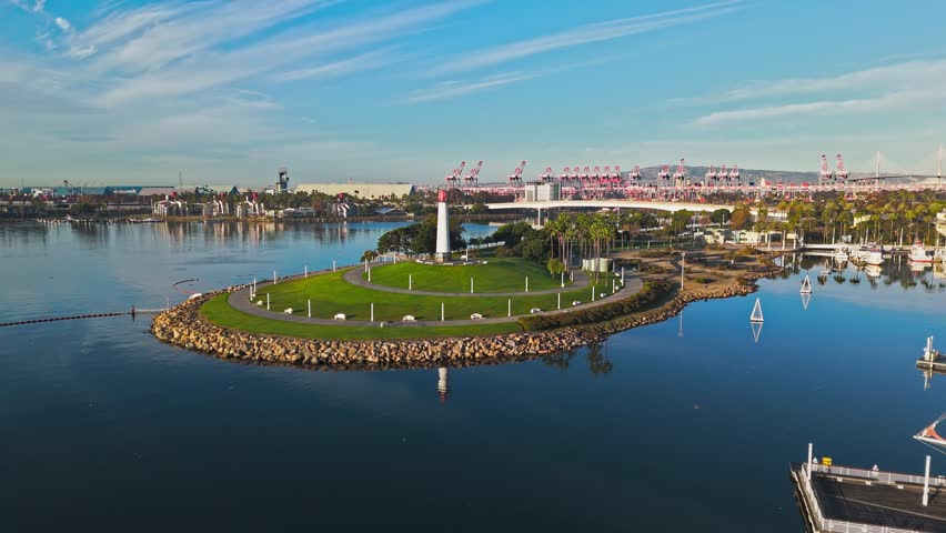Gorgeous Queensway Bay in Long Beach, CA at dawn with Queensway Bridge in the background