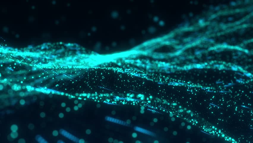 Abstract digital data wave with glowing particles and dynamic lines on a dark background, concept of technology and data visualization. 3d animation. Abstract high tech Artificial intelligence (AI)