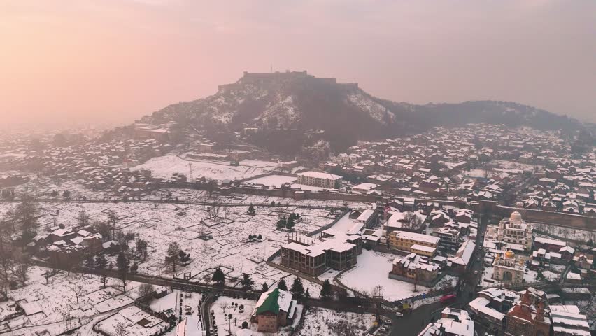 Stunning aerial drone scenes of Srinagar’s snow-laden areas near Hari Parvat.
