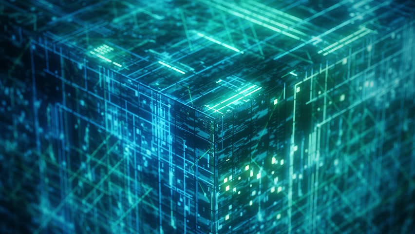 Technology animation. Futuristic digital cube with glowing data lines, abstract 3D 4k animation. Bokeh lights. Defocused particles.