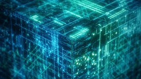 Technology animation. Futuristic digital cube with glowing data lines, abstract 3D 4k animation. Bokeh lights. Defocused particles. - Powered by Shutterstock - Get 15% off with code: PIKWIZARD15