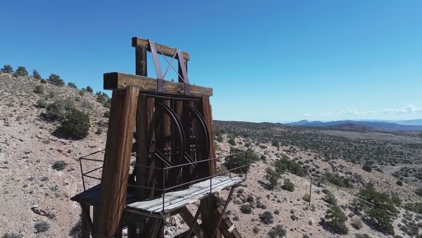 Horn Mine near Milford, Utah. Flyby shot of the top of the head frame, featuring the massive pulleys and catwalk.