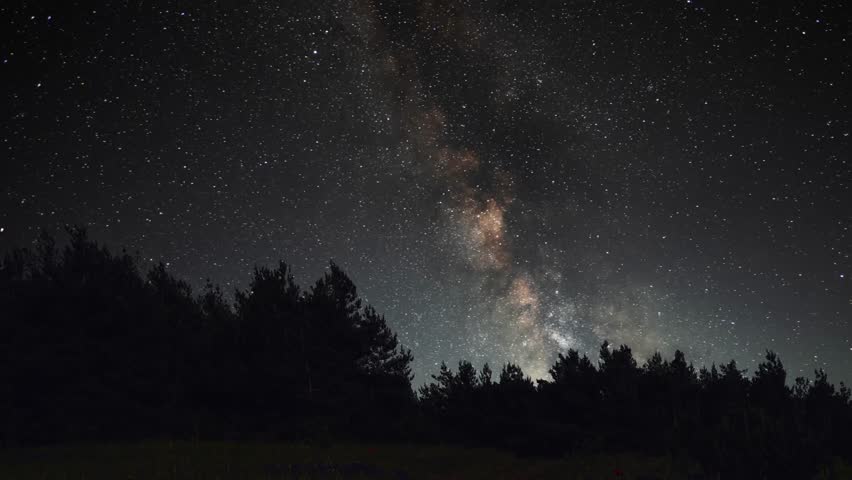 Beautiful night sky time lapse with Milky Way galaxy over forest.  Night tight landscape starry sky.