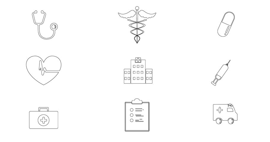 Beginning with plain white canvas, presenting 3×3 grid of static medical icons depicting healthcare. Medical, healthcare, digital, icons, illustration, clinical, wellness