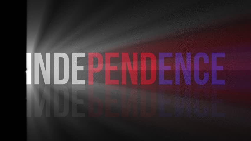 Happy independence day greeting animation, lettering white, red and blue text with light effect on dark background.