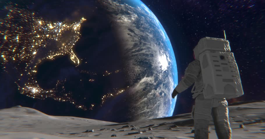 A 3D render of an Apollo 1 astronaut jumping on the Moon’s surface, with Earth half-lit in the sky, city lights visible. Behind him — the lunar module. Cosmic backdrop with stars and nebula.