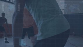 HUD overlay appearing tracking player dribbling and leaping toward hoop displaying sports analytics. Athletic, competitive, dynamic, strategic, teamwork, fitness, modern - Powered by Shutterstock - Get 15% off with code: PIKWIZARD15