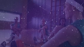 Six spin class riders pedaling bikes in studio causing floating data panels cycling metrics. Fitness, technology, performance, innovation, training, biomechanics, motivation - Powered by Shutterstock - Get 15% off with code: PIKWIZARD15