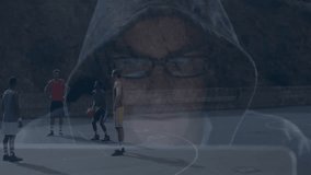 Terminal overlay fading over court, sparking player dribbling and releasing free throw for scoring. Technology, sports, teamwork, outdoor, digital, athleticism, innovation - Powered by Shutterstock - Get 15% off with code: PIKWIZARD15