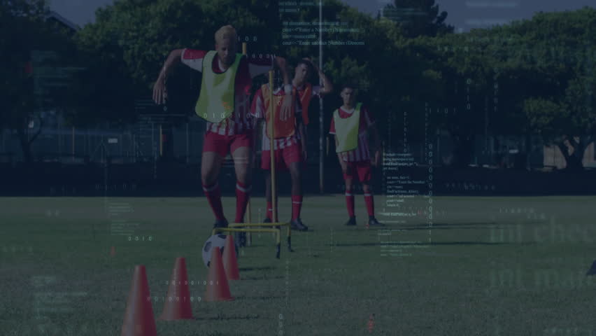 Lead soccer player stepping onto hurdle, sprinting over, trapping ball, dribbling cones for drill. Athletic, teamwork, agility, training, outdoor, dynamic, sport - Powered by Shutterstock - Get 15% off with code: PIKWIZARD15