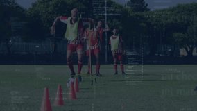 Lead soccer player stepping onto hurdle, sprinting over, trapping ball, dribbling cones for drill. Athletic, teamwork, agility, training, outdoor, dynamic, sport - Powered by Shutterstock - Get 15% off with code: PIKWIZARD15