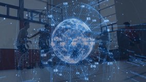 Basketball team practicing drills after passing while holographic data globe spinning above court. Sports, teamwork, data visualization, innovation, analytics, training, technology - Powered by Shutterstock - Get 15% off with code: PIKWIZARD15