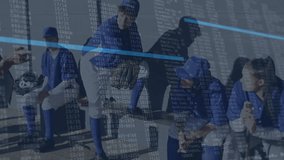 Female coach entering dugout guiding sports team preparing for game with analytics data overlay. Coaching, sportsmanship, teamwork, strategy, athleticism, discipline, mentoring - Powered by Shutterstock - Get 15% off with code: PIKWIZARD15