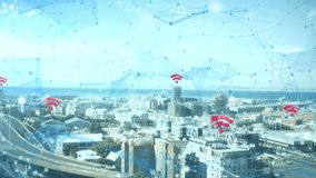 Upon fading pale filter, blue mesh expanding over skyline, nodes connecting and Wi-Fi icons pulsing. Technology, connectivity, digital network, smart city, communication, data transfer, cyberspace - Powered by Shutterstock - Get 15% off with code: PIKWIZARD15
