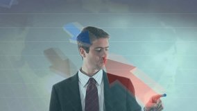 Businessman tapping transparent grid, dragging blue curve downward to highlight financial loss. Business, finance, data, analytics, presentation, technology, visualization - Powered by Shutterstock - Get 15% off with code: PIKWIZARD15