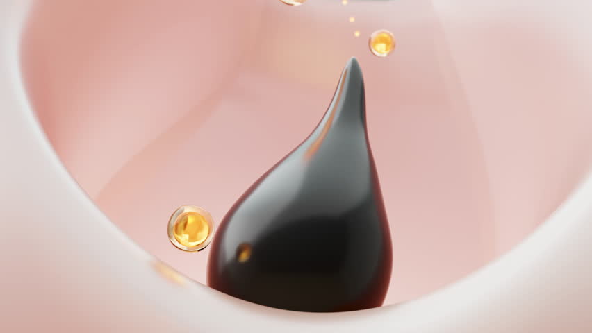 Hair regrowth from root stimulation with golden serum and scalp essence. Follicle activation, 3D cross-section.