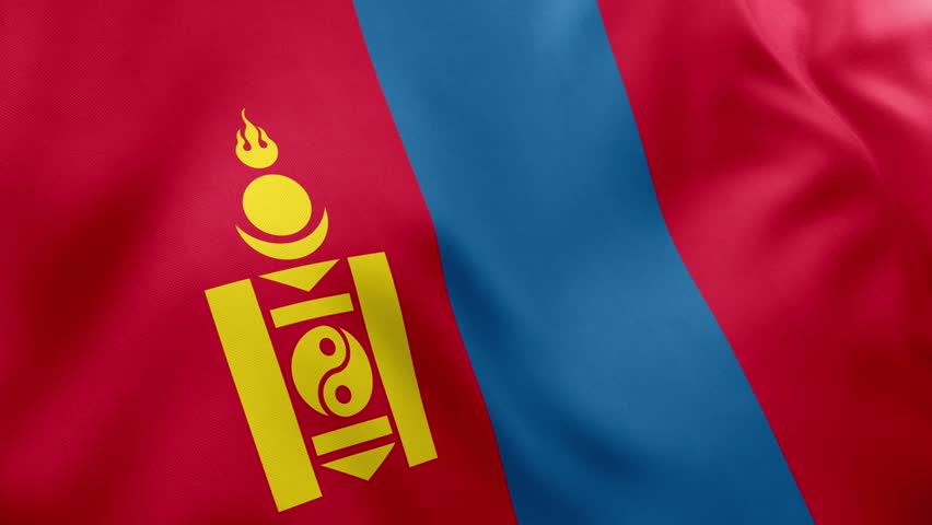 Realistic waving flag of Mongolia, red, blue stripes, yellow Soyombo symbol. East Asian nation symbol, Ulaanbaatar, patriotism, Mongolia