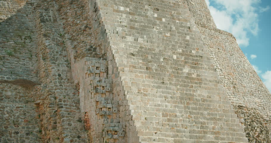 Massive stone staircase of Mayan pyramid structure during tourist tour in Mexico