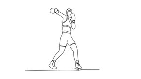 Animated self drawing of continuous line draw woman boxer wearing protective head guard practicing jab punch before match, hard training with intensity at indoor gym. Full length single line animation - Powered by Shutterstock - Get 15% off with code: PIKWIZARD15