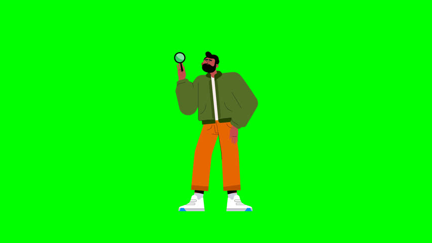 3D green screen of Sandrick Amberflower inspecting with magnifying glass. Ideal for mystery, analysis, detective, and digital investigation themes.