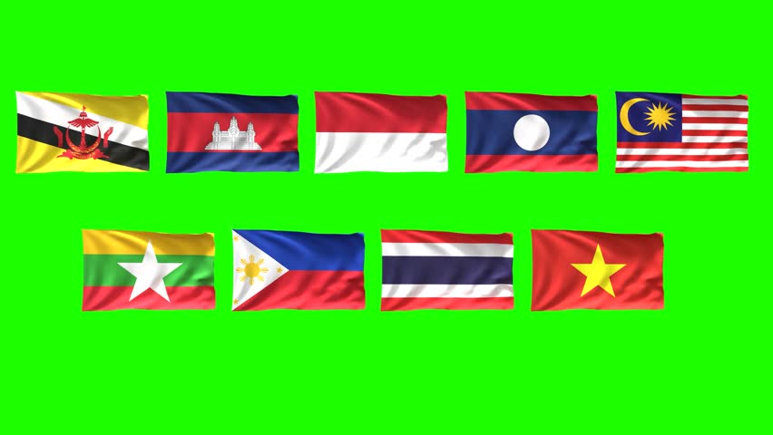 Looping video of ASEAN national flags on a green background