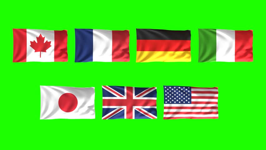 Looping video of G7 country flags waving on a green screen