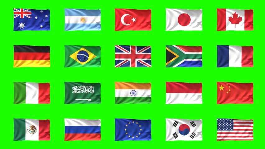 Looping video of G20 country flags waving on a green screen