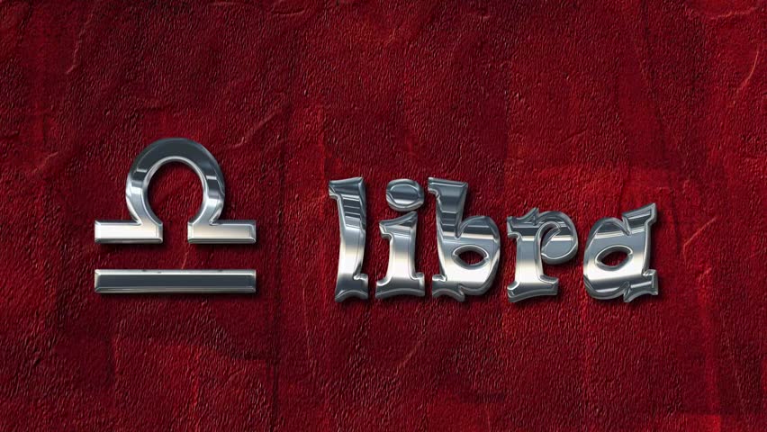 Libra text and symbol, zodiac sign for astrology, horoscope in 3D liquid silver metal on red wall, eye catching 10s 4k video art, perfect for usage on social media, attention grabbing!