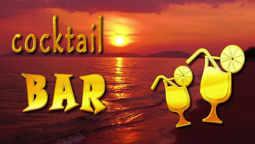 Cocktail BAR, 3d text in liquid gold silhouette of cocktails on tropical beach at sunset, perfectly matching colors eye catching 10s 4k video art, perfect for invitation to visit bar