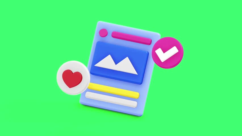 4K animation motion 3D social media page with checklist and love badge on green screen background, ideal for digital marketing, online engagement, social networking, and branding.