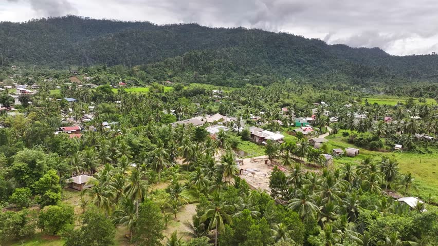 Village in Port Barton, Palawan. Traditional houses surrounded by tropical vegetation. Philippines